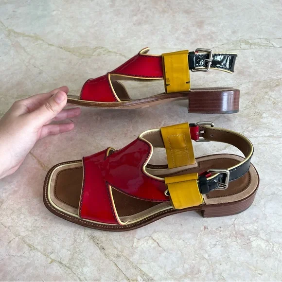Prada designer red & yellow patent leather block heel sandals - Picture 3 of 8